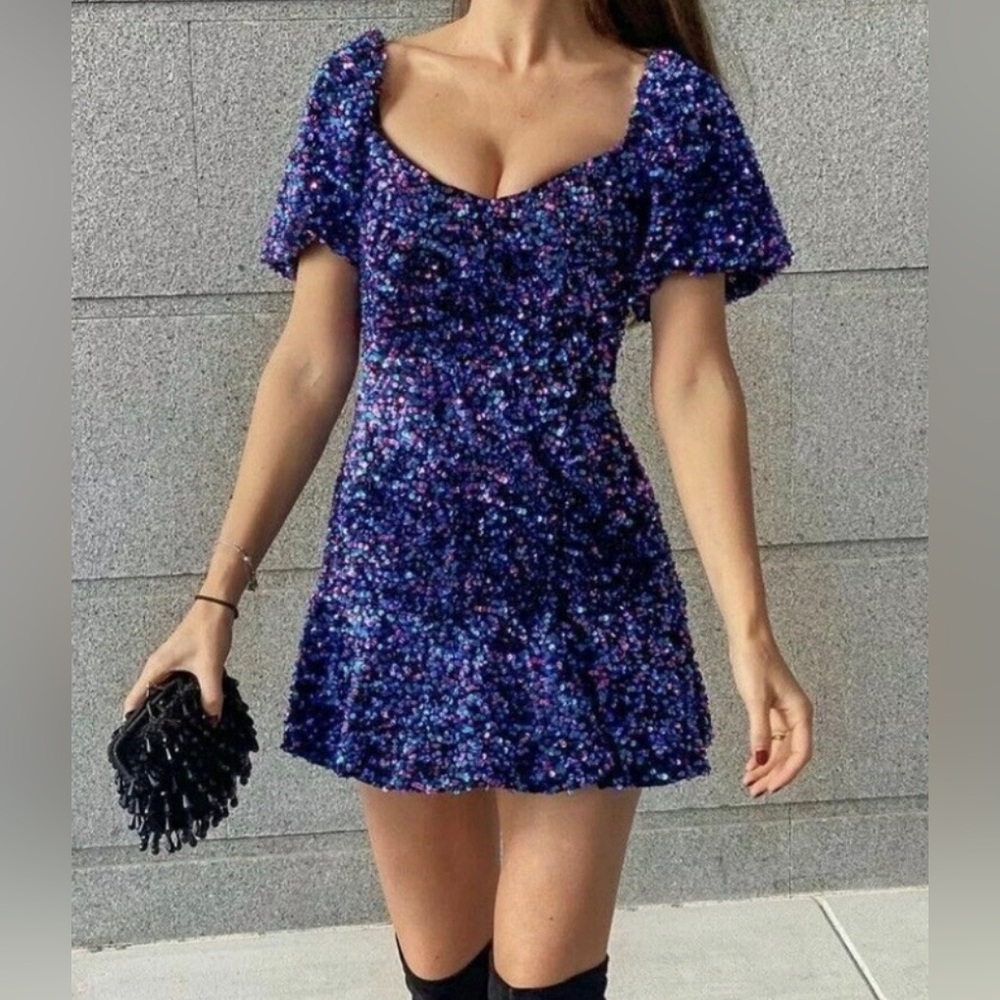 ZARA Blue/purple sequin puff sleeve mini dress